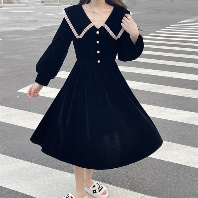 Cossita-Long Sleeve Peter Pan Collar Contrast Trim Button Down Midi A-Line Dress