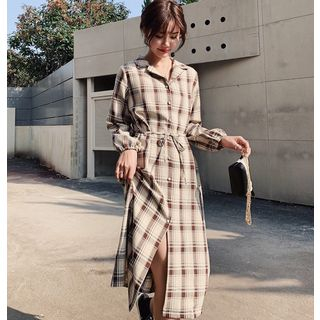 plaid midi shirt dress