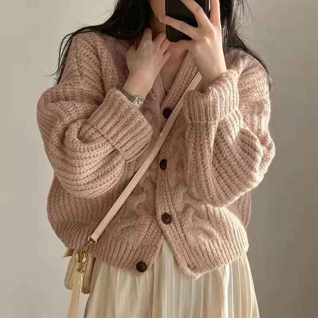 INEN-V-Neck Cable Knit Cardigan