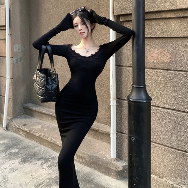 Magma - Long-Sleeve Scoop Neck Plain Lace Trim Maxi Bodycon Dress | YesStyle