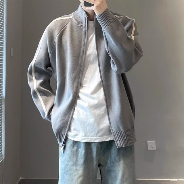 Adothuiastic-Stand Collar Striped Zip Cardigan