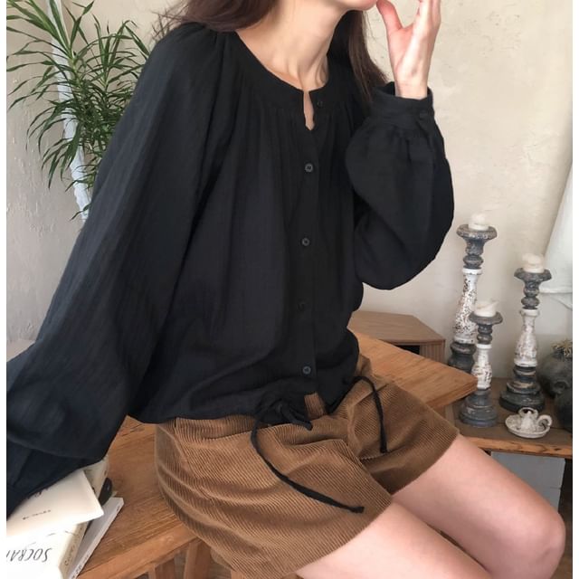 SeoulPop-Long-Sleeve Plain Button-Up Blouse