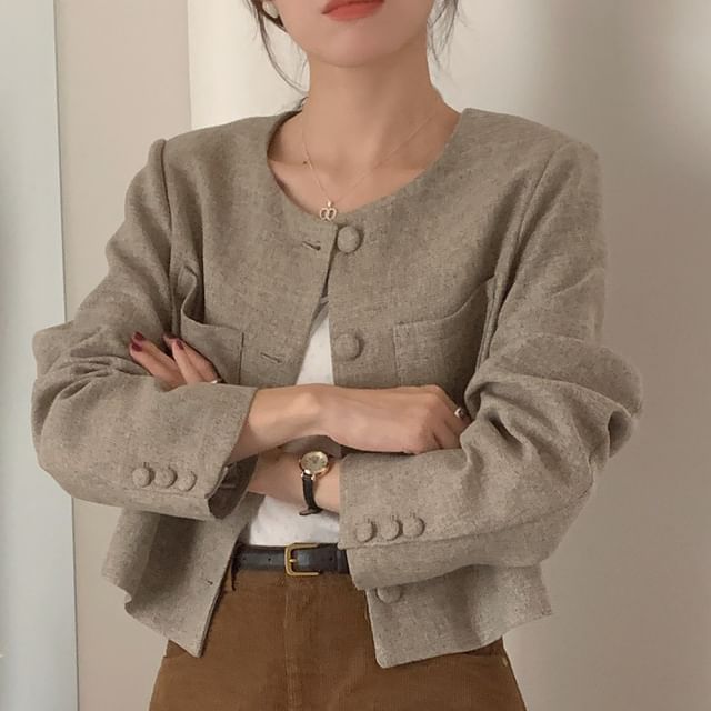 Jesong-Round Neck Melange Button Jacket