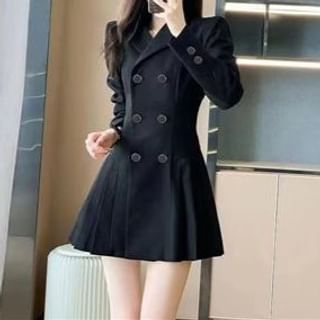 Everose-Long-Sleeve Lapel Collared Plain Double Breasted Mini Blazer Dress