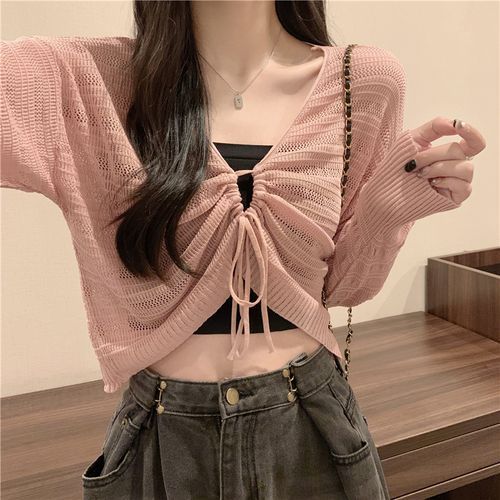 Hippona Long-Sleeve V-Neck Plain Crop Knit Top YesStyle