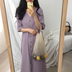 Moon City - Elbow-Sleeve Midi Button-Up Dress Moon City - Elbow-Sleeve Midi Button-Up Dress
