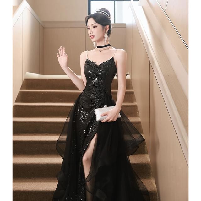 Lexama-Spaghetti Strap Sequin Ruffle Side-Slit A-Line Evening Gown
