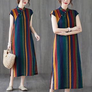 Lewwe Cap-Sleeve Striped Midi A-Line Qipao Sale