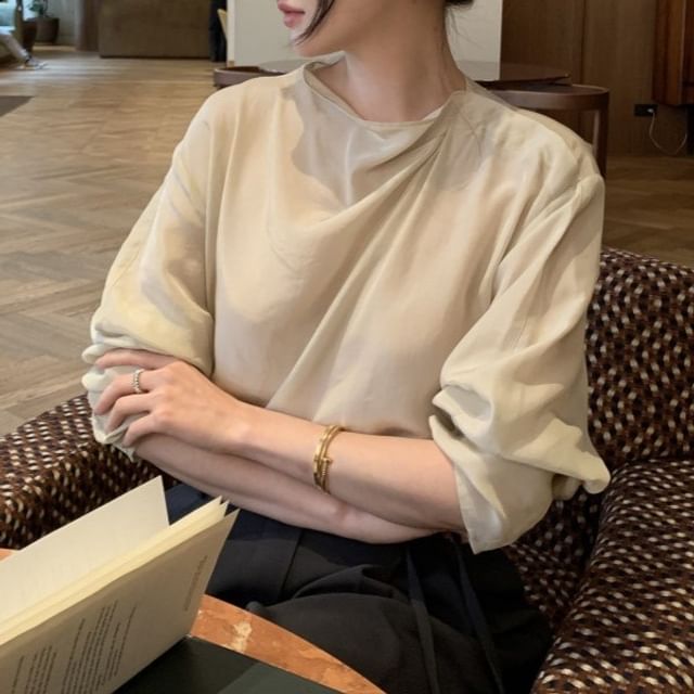 Tulstrix-Long Sleeve Cowl Neck Plain Blouse