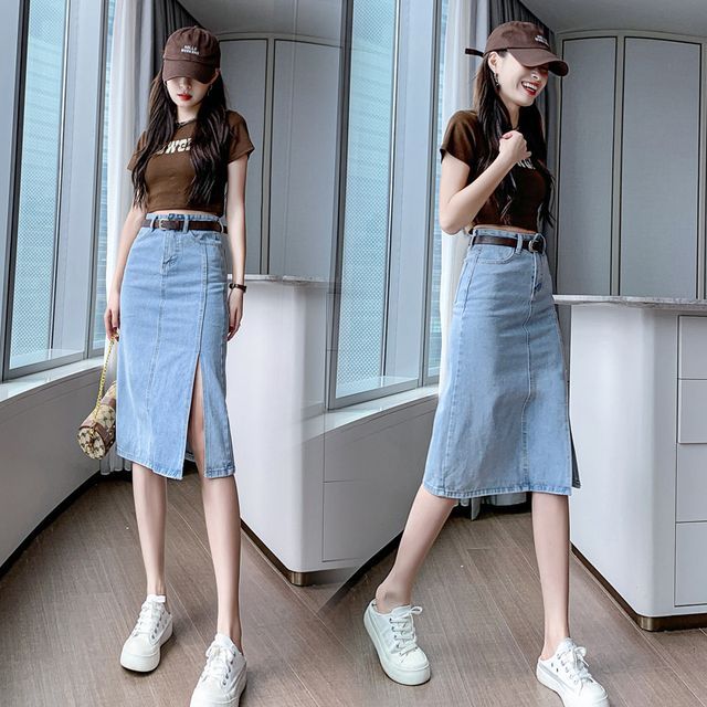 Pencil Skirt High End Denim Midi Skirt High Waist Slit Denim Midi