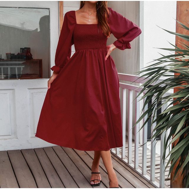 knee length dresses for ladies Smocked Lantern Sleeve Midi Dress main image 0