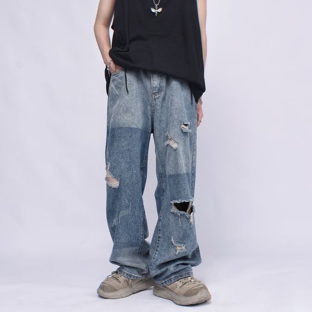 Derbundy-Distressed Wide Leg Jeans