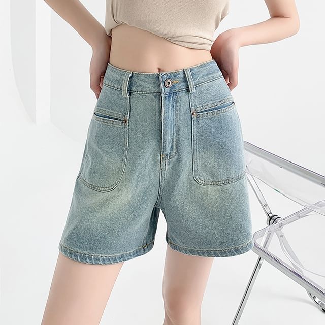 evanesce-High Rise Pocket Denim Shorts