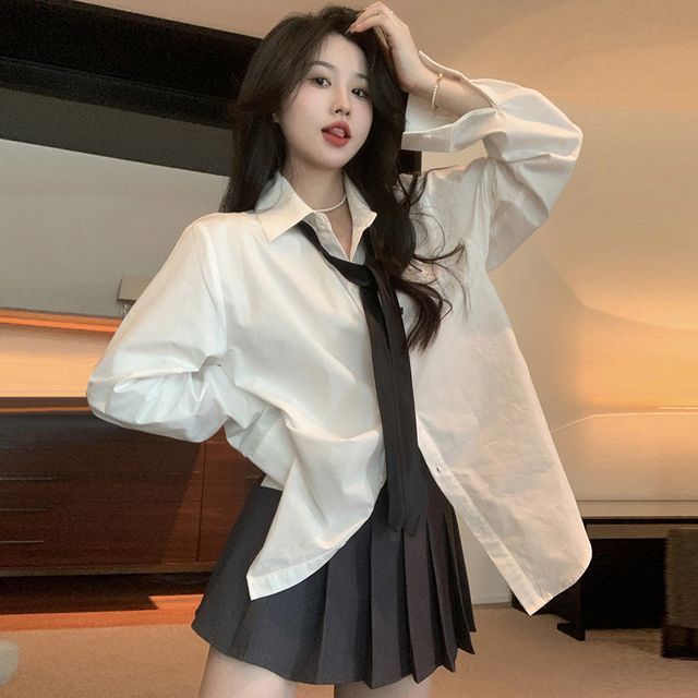 Ashlee - Long-Sleeve Collared Plain Shirt / Neck Tie / High Waist Plain Pleated Mini A-Line Skirt / Set | YesStyle Ashlee - Long-Sleeve Collared Plain Shirt / Neck Tie / High Waist Plain Pleated Mini A-Line Skirt / Set | YesStyle