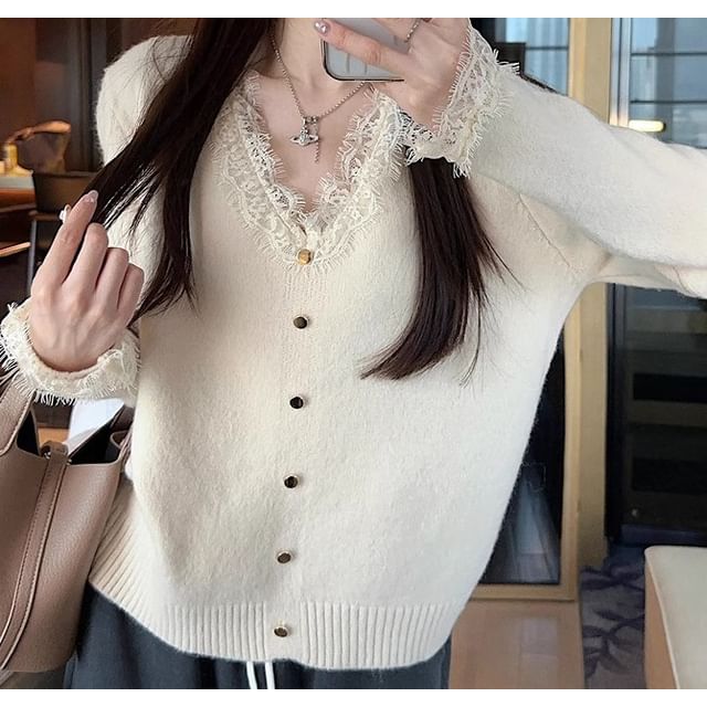 Trendycas-V-Neck Plain Button Lace Trim Crop Sweater