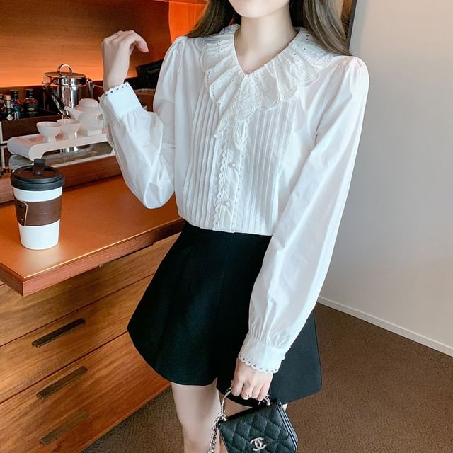 Dragan Pulse-Long-Sleeve Ruffle Lace Blouse