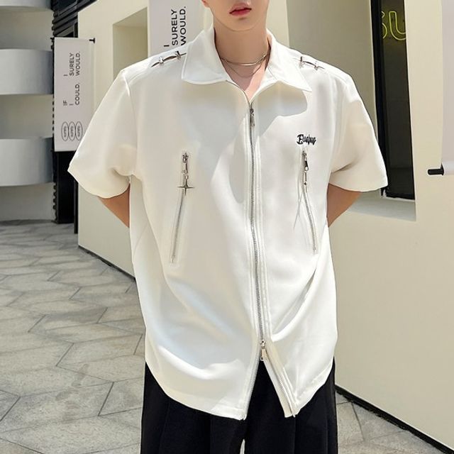 ravewider-Short-Sleeve Collared Zip Shirt