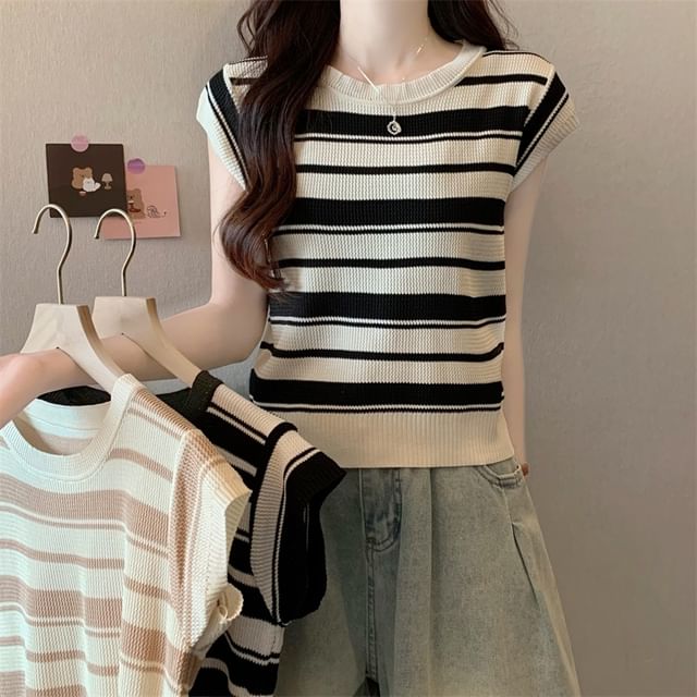 Allinya-Cap-Sleeve Crewneck Striped Knit Top