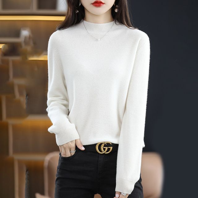 Weelop-Long-Sleeve Mock Neck Plain Woolen Knit Top