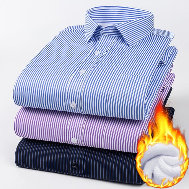Fireon-Long Sleeve Collared Striped Fleece Lined Button Shirt
