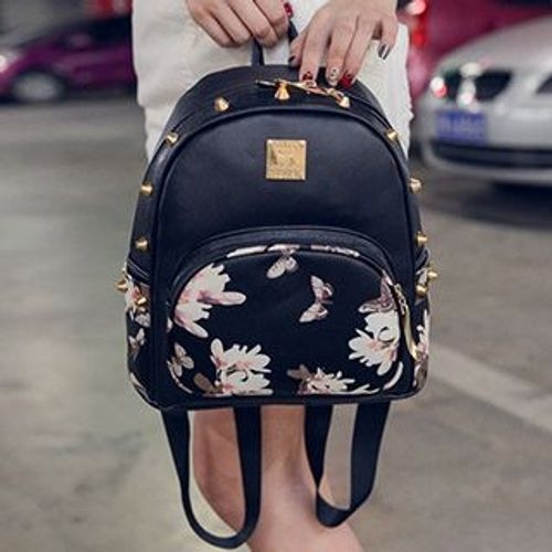 I.O.U - Studded Floral Print Faux-Leather Backpack | YesStyle