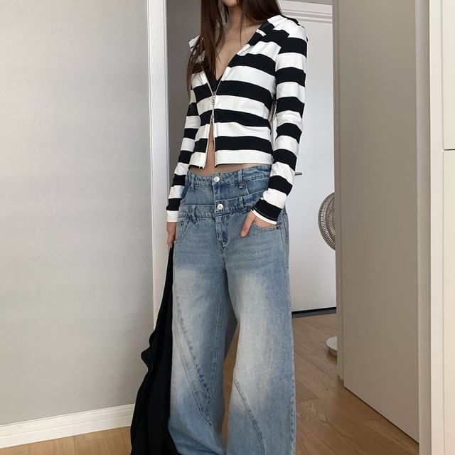 Striinkie-Striped Hooded Zip Jacket