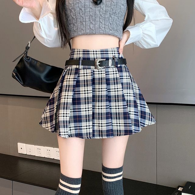 High Rise Plaid Mini Pleated Skirt