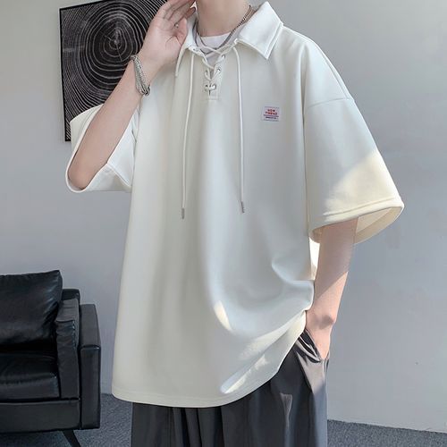Short-Sleeve Plain Label Applique Lace-Up Polo Shirt