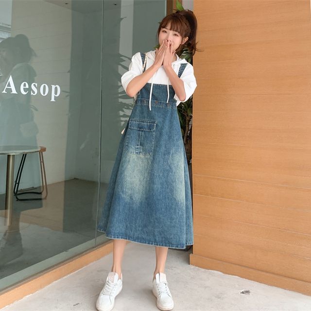SEPH - Square Neck Denim Midi A-Line Overall Dress | YesStyle