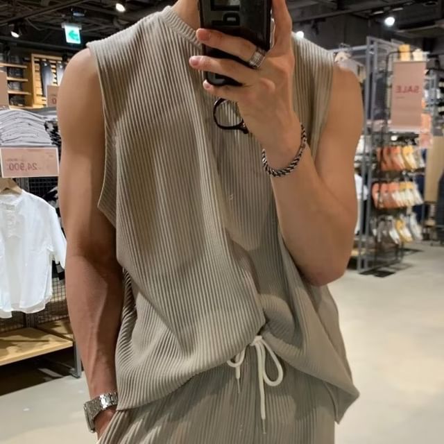 GRAYCIOUS-Set Sleeveless Crew Neck Plain Ribbed Top Drawstring Waist Wide Leg Pants