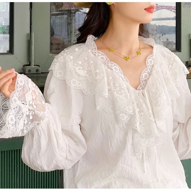 Alfie-Puff-Sleeve V-Neck Lace Trim Blouse
