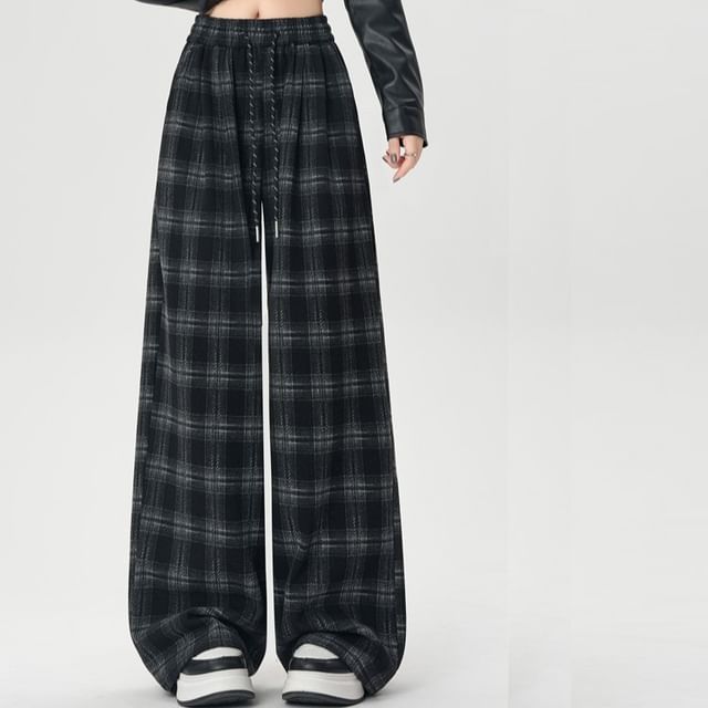 Dragan Pulse-Drawstring Waist Plaid Baggy Pants