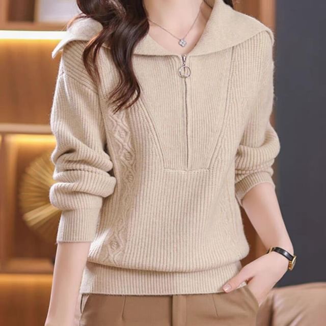 Jeonseon-Long-Sleeve Half Zip Plain Knit Top