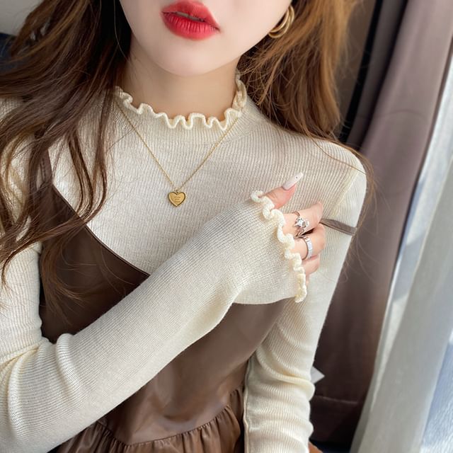Gwendolyn-Mock Neck Plain Lettuce Edge Sweater