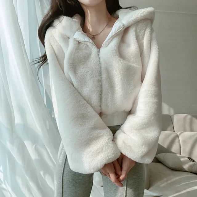MIKIGA - Lantern Sleeve Fleece Hooded Zip Jacket | YesStyle