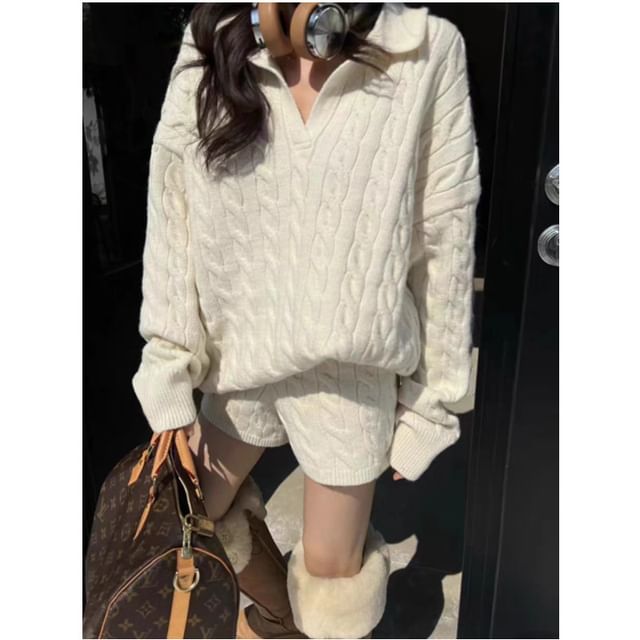 INEN-Set Cable Knit Plain Polo Sweater Knit Shorts