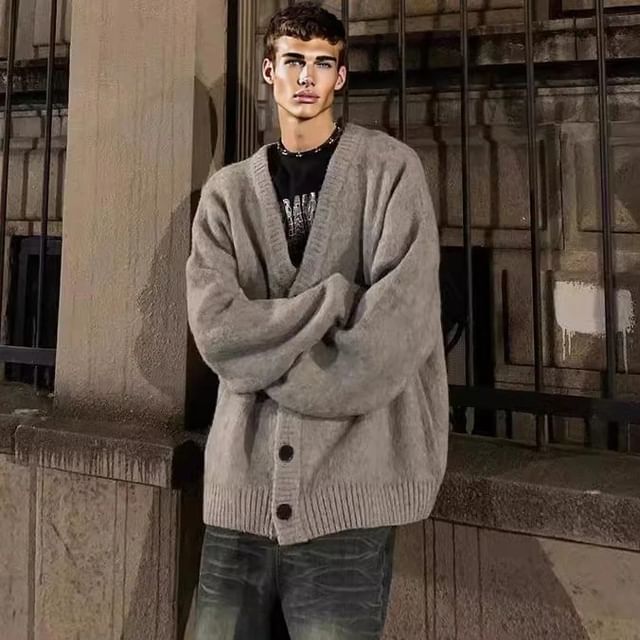 Sinlarity-V-Neck Button-Up Plain Cardigan