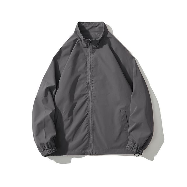 Ninine-Mock Neck Plain Zip-Up Jacket