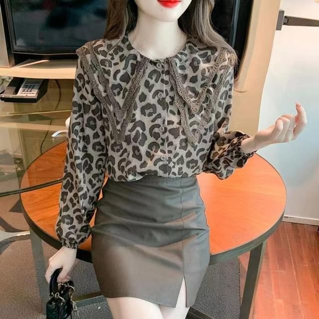 Everose-Long-Sleeve Layered Collar Leopard Print Lace Trim Button-Up Blouse