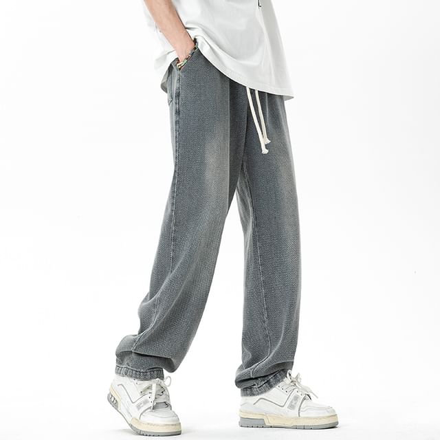 Mimiyox-Drawstring Waist Washed Loose Fit Jeans