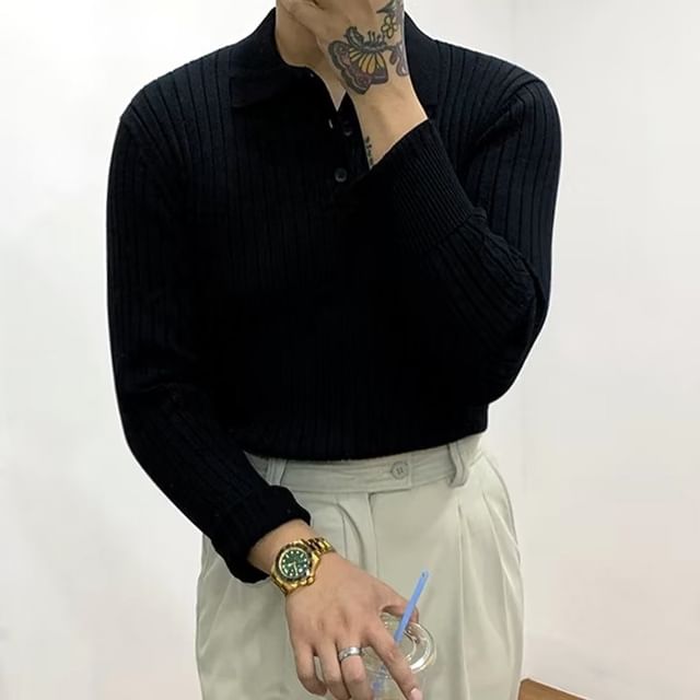 Blueforce-Plain Ribbed Knitted Polo Sweater