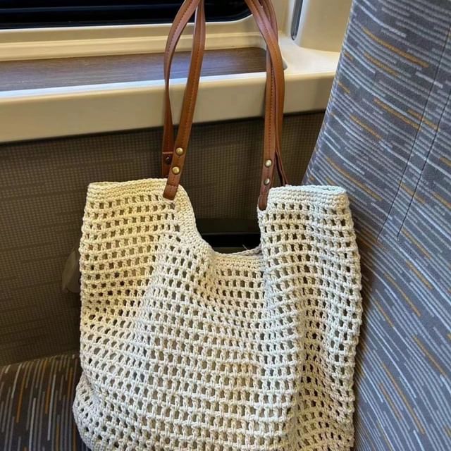Basaran-Plain Perforated Knit Tote Bag