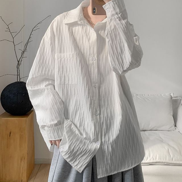 VEAZ-Long Sleeve Collared Plain Textured Shirt