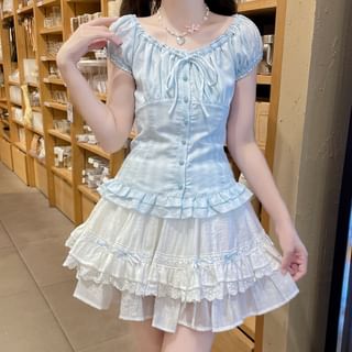 Cossita Puff-Sleeve Striped Bow Ruffle Blouse / High Waist Lace Trim Mini A-Line