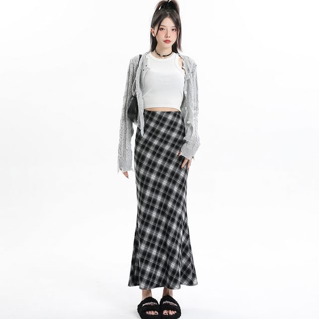ミストレアス Hem Fur Plaid Semi Mermaid Skirt Hem Fur Plaid Semi Mermaid Skirt - MISTREASS