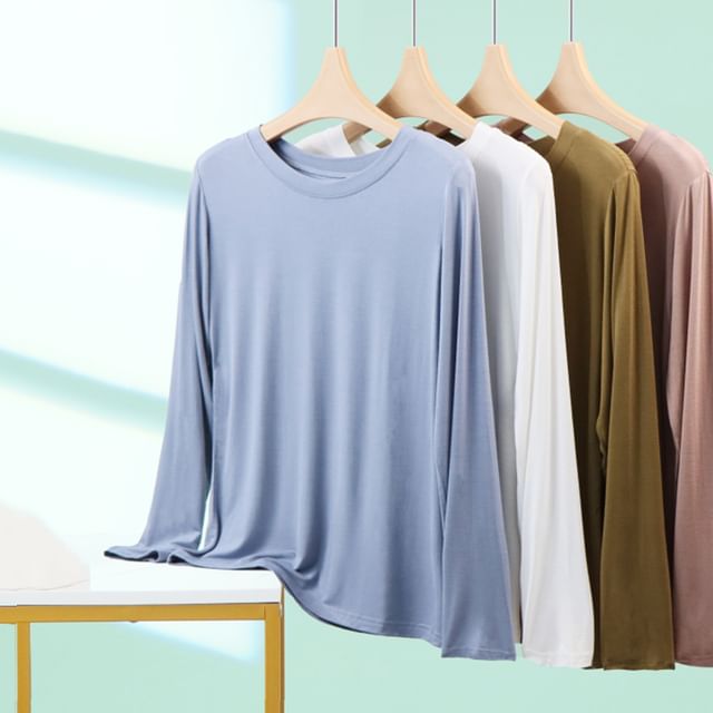 KUMI-Long-Sleeve Round Neck Plain Tee