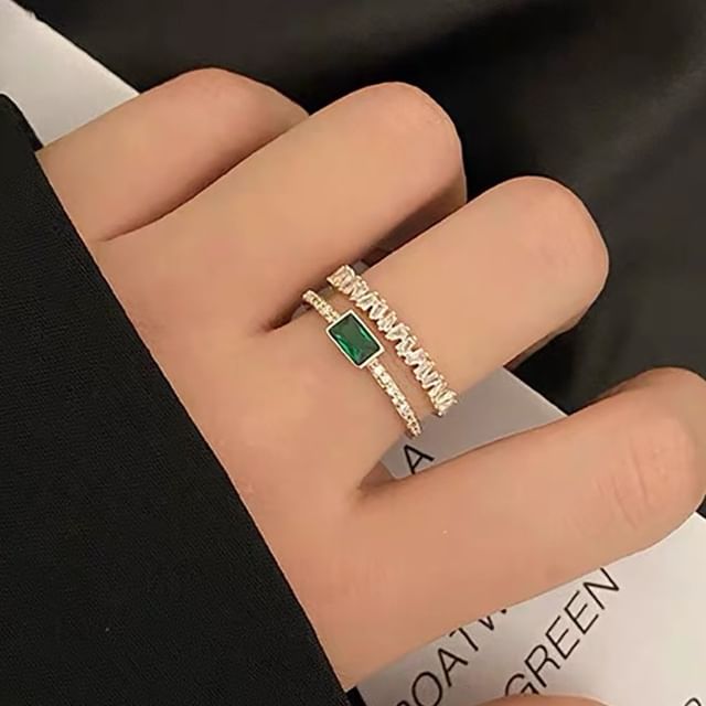 Forainer-Rhinestone Layered Alloy Open Ring