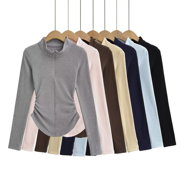 Asiris-Long-Sleeve High Neck Plain Shirred T-Shirt