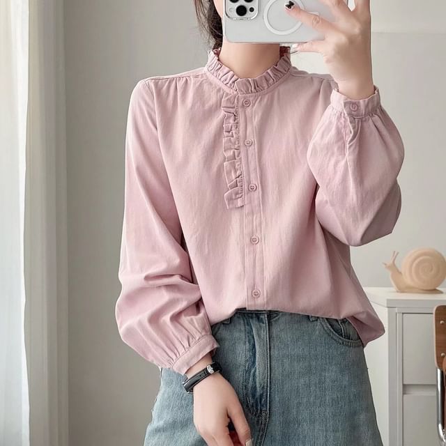 PANDAGO-Long Sleeve Stand Collar Plain Frill Blouse