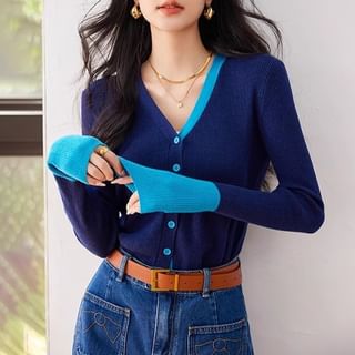Dragan Pulse-Long Sleeve V-Neck Two Tone Button Panel Knit Top